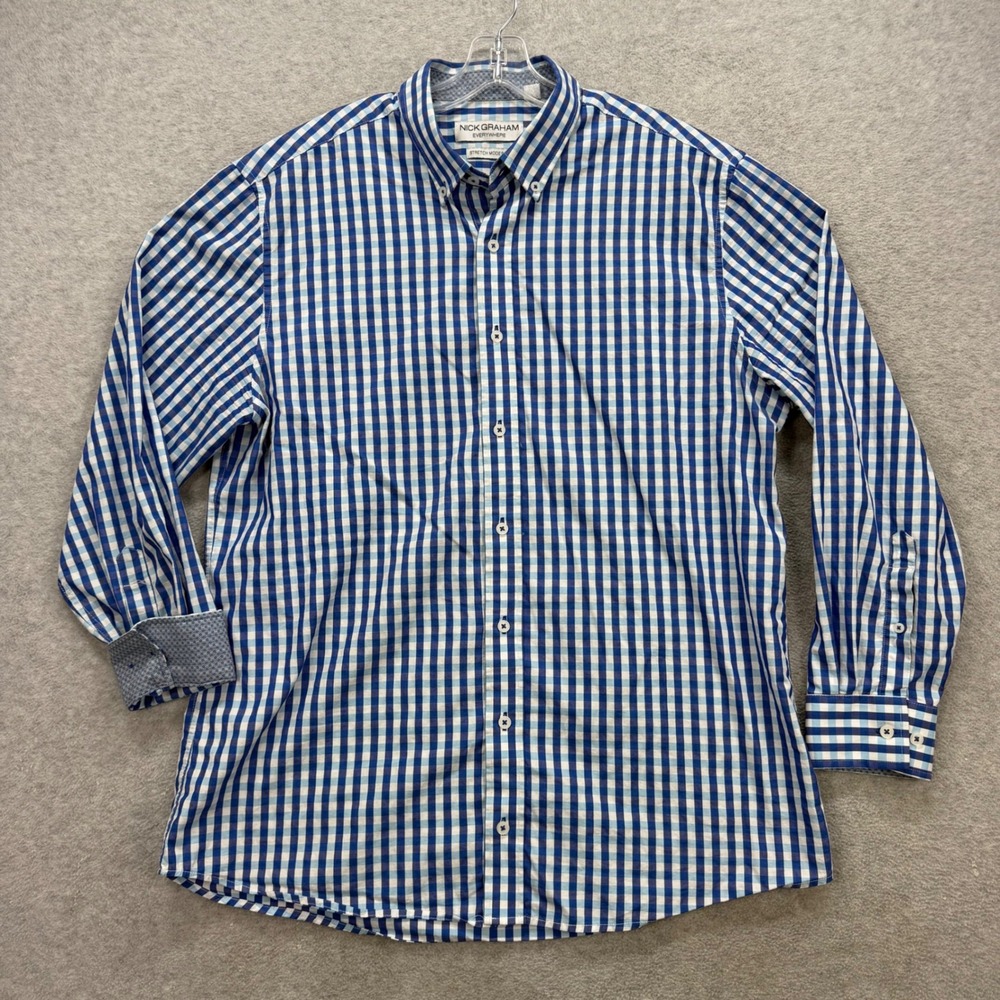 Nick Graham Shirt Mens XL Blue Gingham Check Stretch Modern‎ Oxford Everywhere